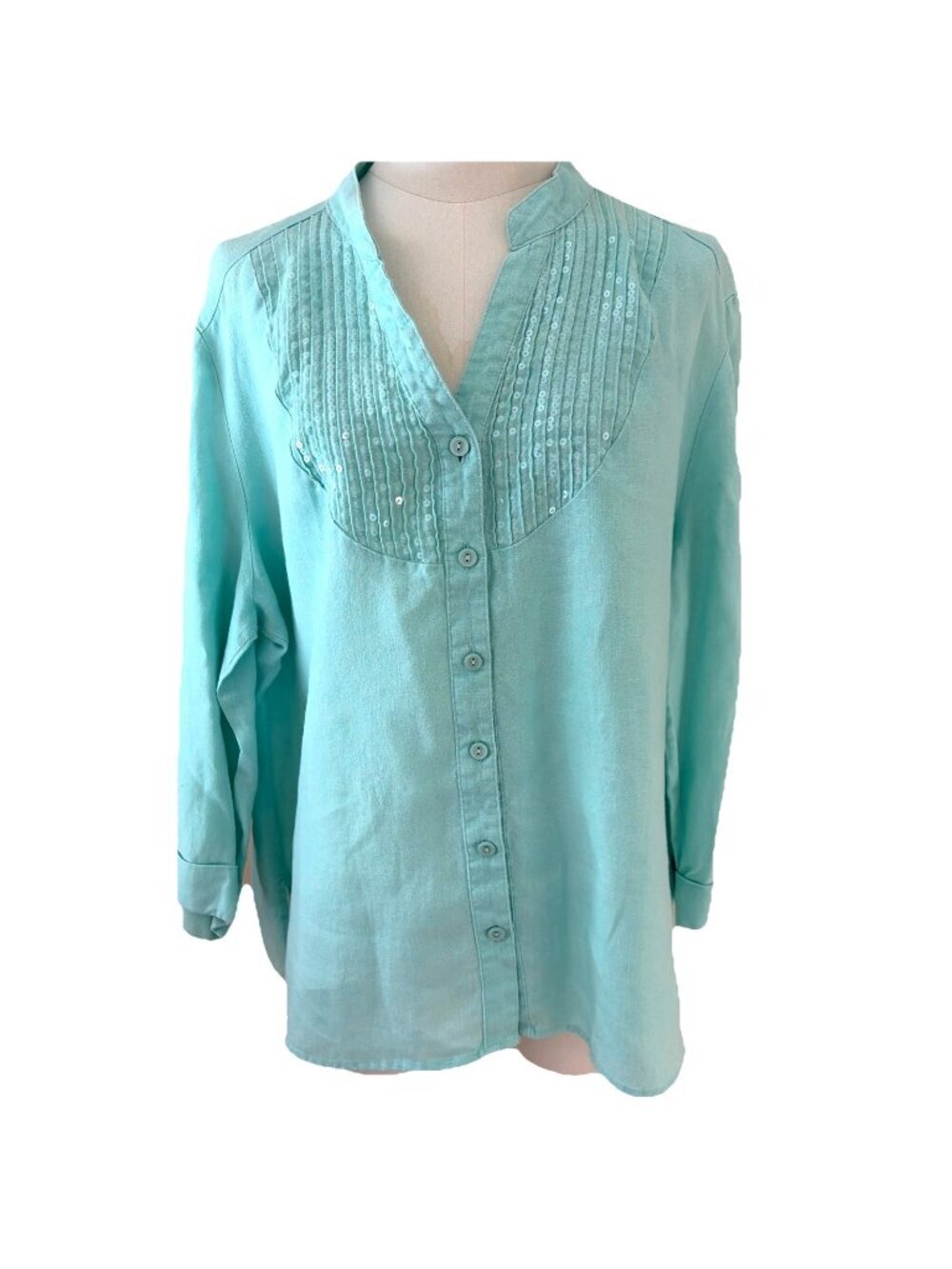 JM Collection 100% Linen Pin Tuck Blouse Size 1X Mint Sequins Coastal Beach
